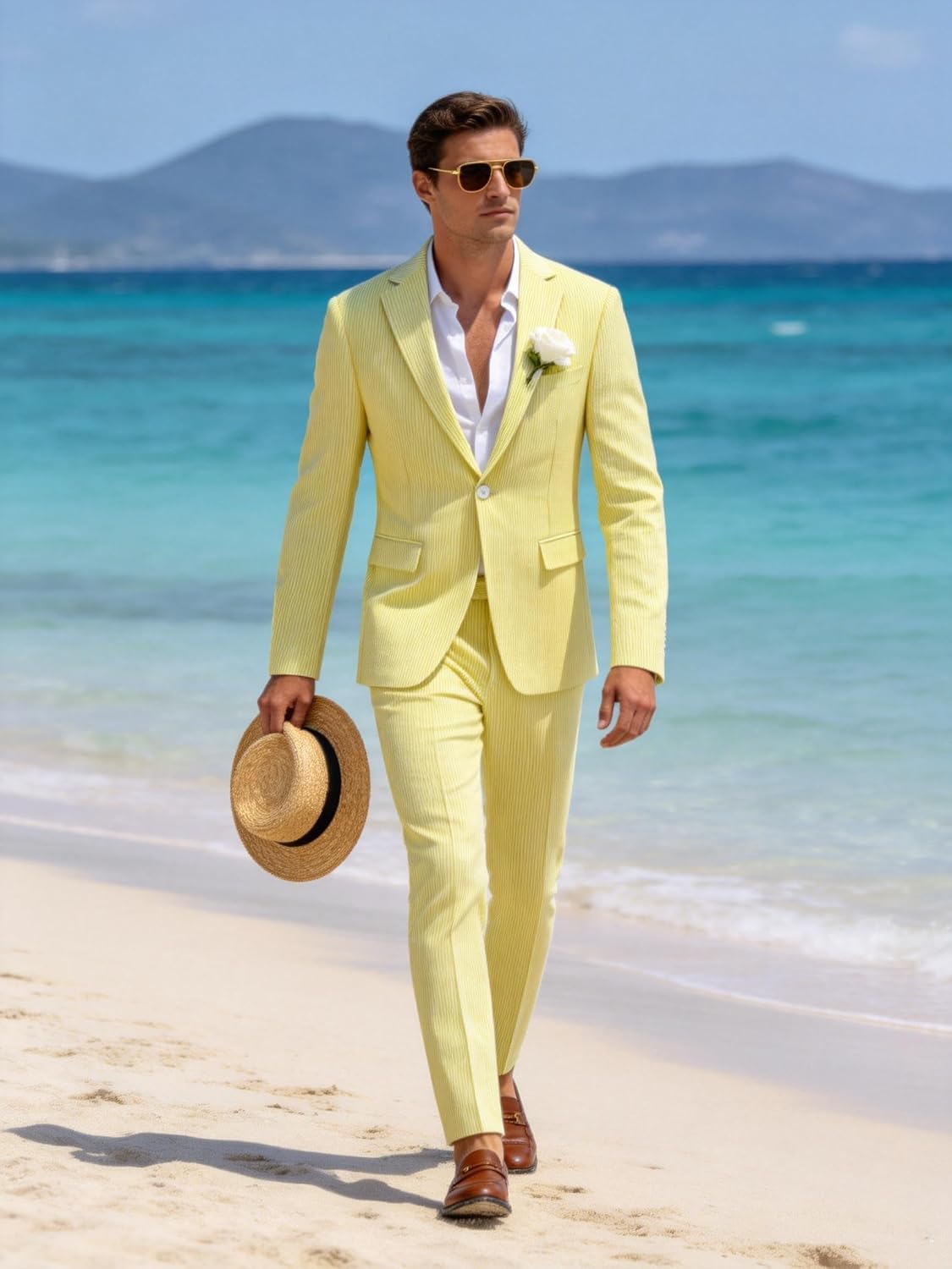 UNINUKOO Seersucker Suit Mens Suits Classic Fit 2 Piece Pinstripe Casual Summer Beach Party Blazer Pants for Men