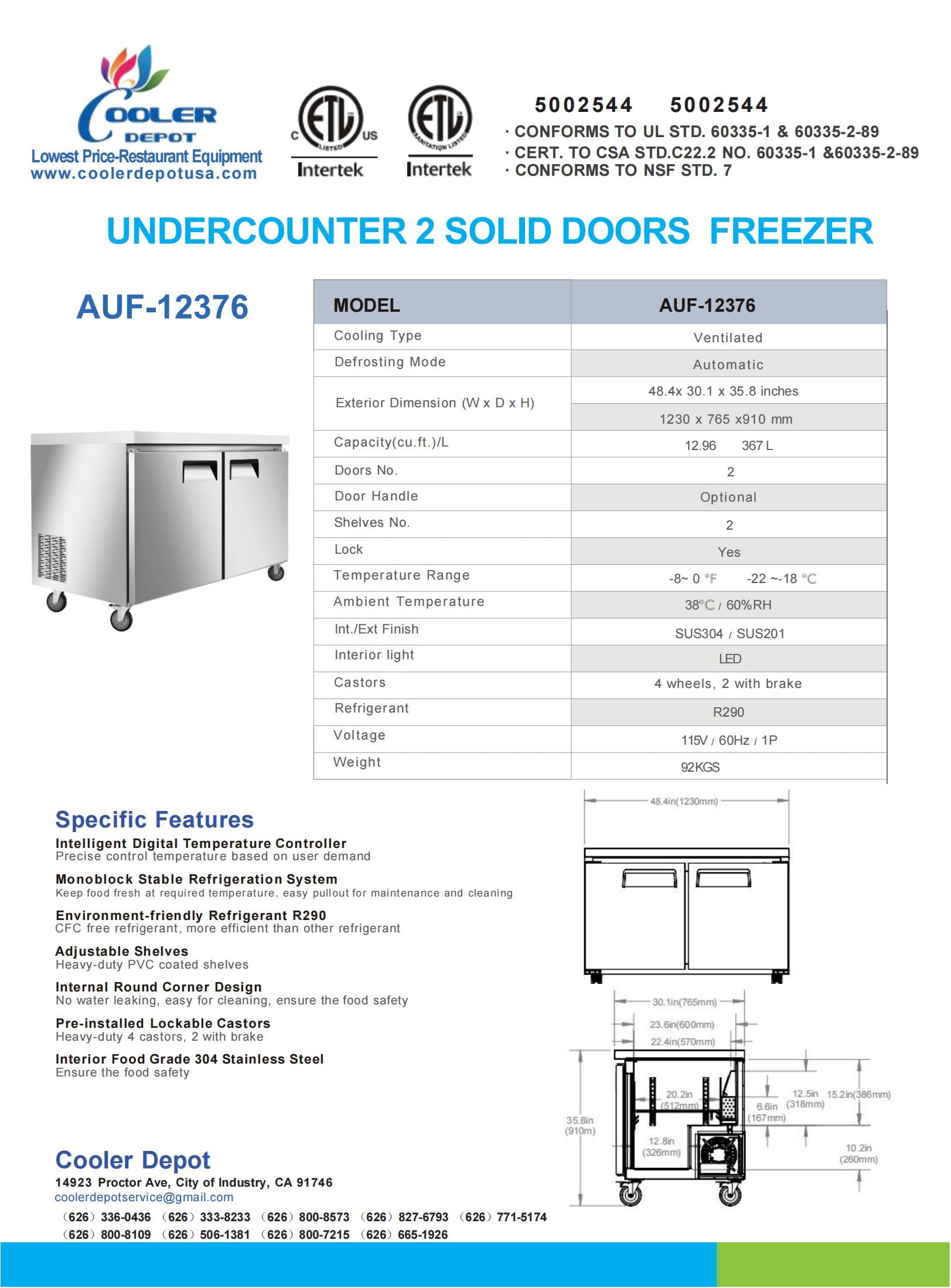 Under Counter Freezer 48" Stainless Steel Commercial Freezer with Worktop NSF 2 doors, capacity 13 Cuft, 2 shelves, 0°F to -8°F 115V/60HZ Restaurant-AUF-12376