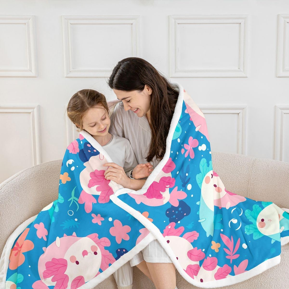 Erosebridal Cute Axolotls Fleece Blanket Throw 50x60 Inch Blue Ocean Underwater Sealife Sherpa Blanket Kids Teens Aesthetic Floral Seaweed Fuzzy Plush Throw Vibrant Adorable Axolotl Decor