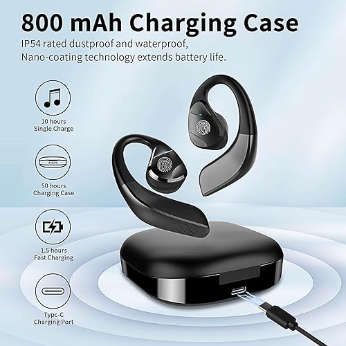 Miniatura 6 de BANIGIPA Auriculares inalámbricos de oreja abierta, auriculares Bluetooth 5.3 con sonido envolvente premium, IP54 impermeable con micrófono de