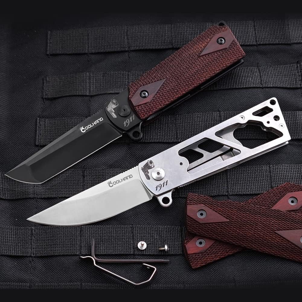 Cool Hand Heavy Duty EDC Folding Knife, Ball Bearing Survival Hunting Knives, 3.6" Drop Point D2 Steel Blade, 4.9'' Replaceable 1911 Wood Grip Handle, Liner Lock Mechanism, 1911FD-S