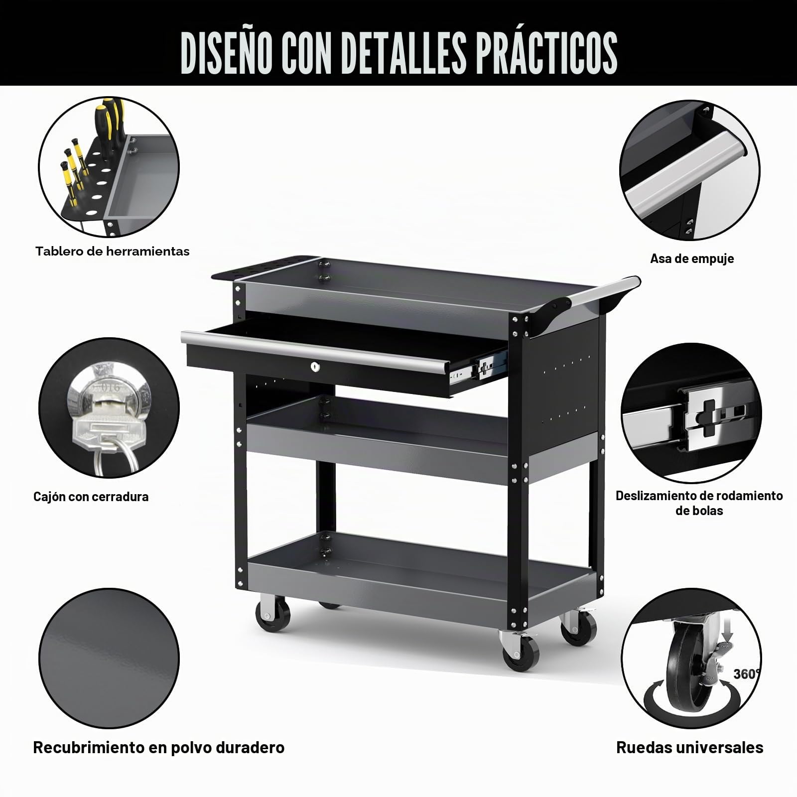 AIRAJ Carro de tres pisos | Taller con cajones | Carro multifuncional para talleres, talleres de reparación y almacén | Carro de taller | Negro