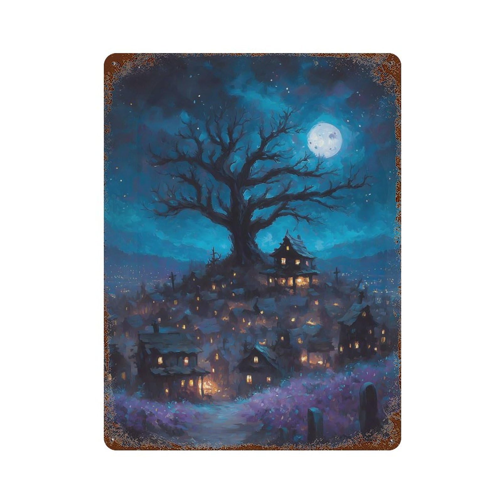 Vintage Rust Metal Sign Eerie Village Under Moonlight 15.7"x11.8", Novelty Wall Decor for Garage, Bar And Workshop Decor