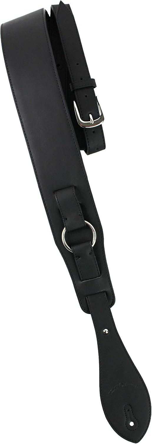 Walker And Williams G-815 Charcoal Black Reinforced Harness Guitar Strap With Padded Glove Leather Back And Nickel Plated Rings For Acoustic, Electric, And Bass Guitars
