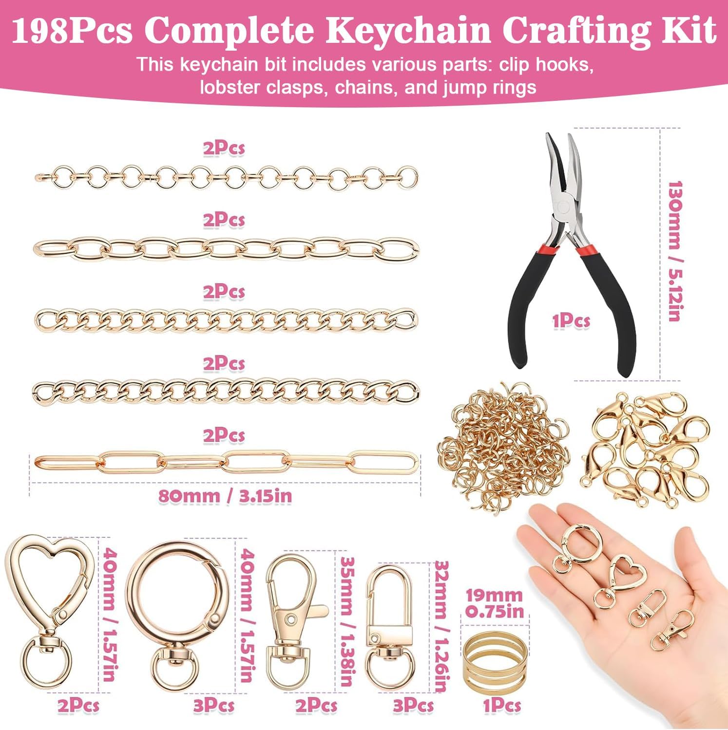 Flewyum 198Pcs Charms Lip Gloss Keychain Making Kit, DIY Craft Supplies with Charms, Key Chain Hooks, Jump Rings, Lobster Clasps, Chains & Tools, Jewelry Making Kit for DIY Craft Gifts.
