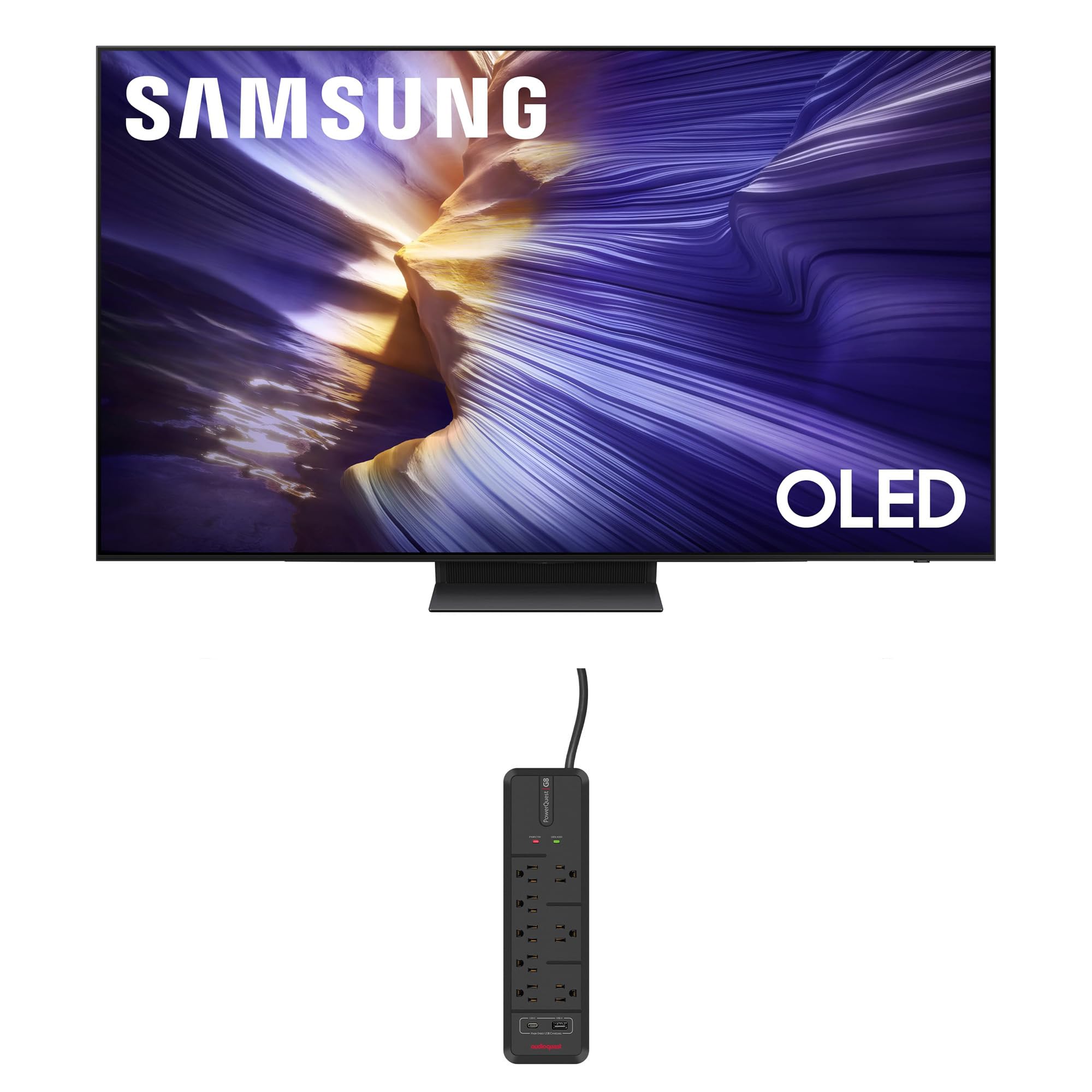 Samsung 65-Inch Class OLED S90F 4K Smart TV NQ4 AI Gen3 Processor, 4K AI Upscaling Pro, OLED HDR + Bundle with an AudioQuest G8 8-Outlet USB-A/USB-C AC Power Surge Protector (2025)