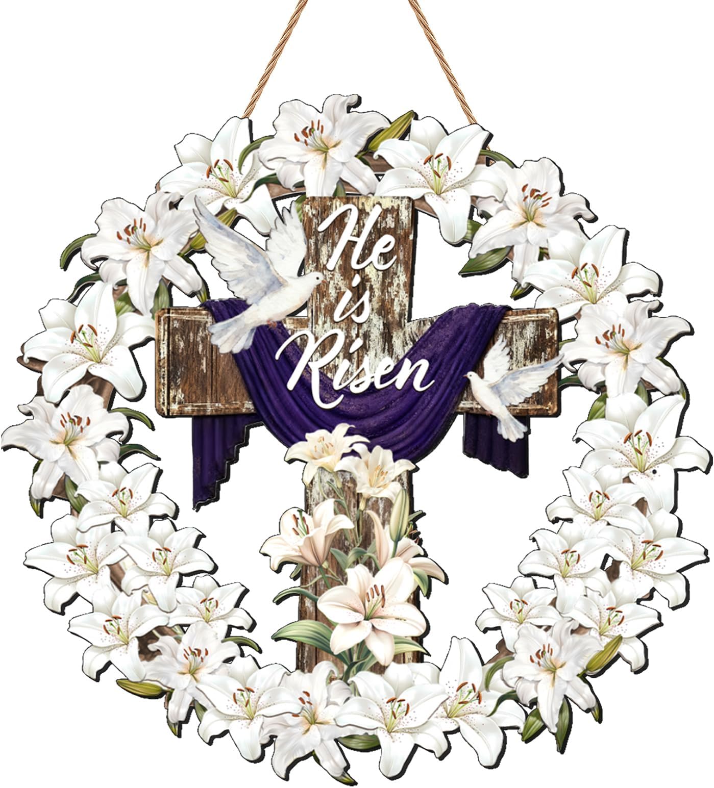 He is Risen Door Wreath with Cross Lily Wreath Easter Front Door Sign Religious Easter Wreaths Decor for Church Holy Week Christian Decorations