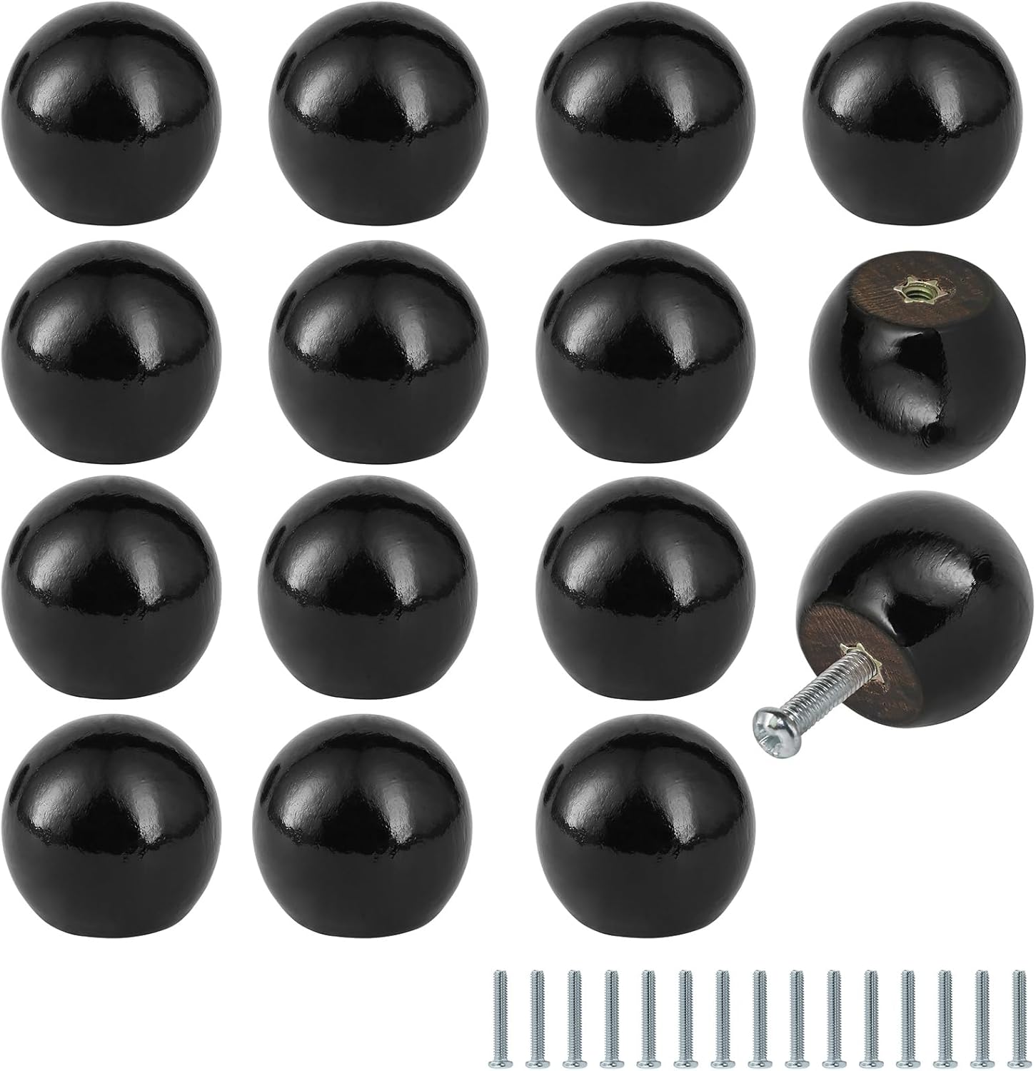 FoDau770 30pcs Black Wood Knobs, Round Ball Cabinet Knobs Vintage Drawer Pulls, Natural Wooden Cabinet Hardware for Furniture Drawer Dresser Wardrobe Cupboard - 1-1/2" Diameter