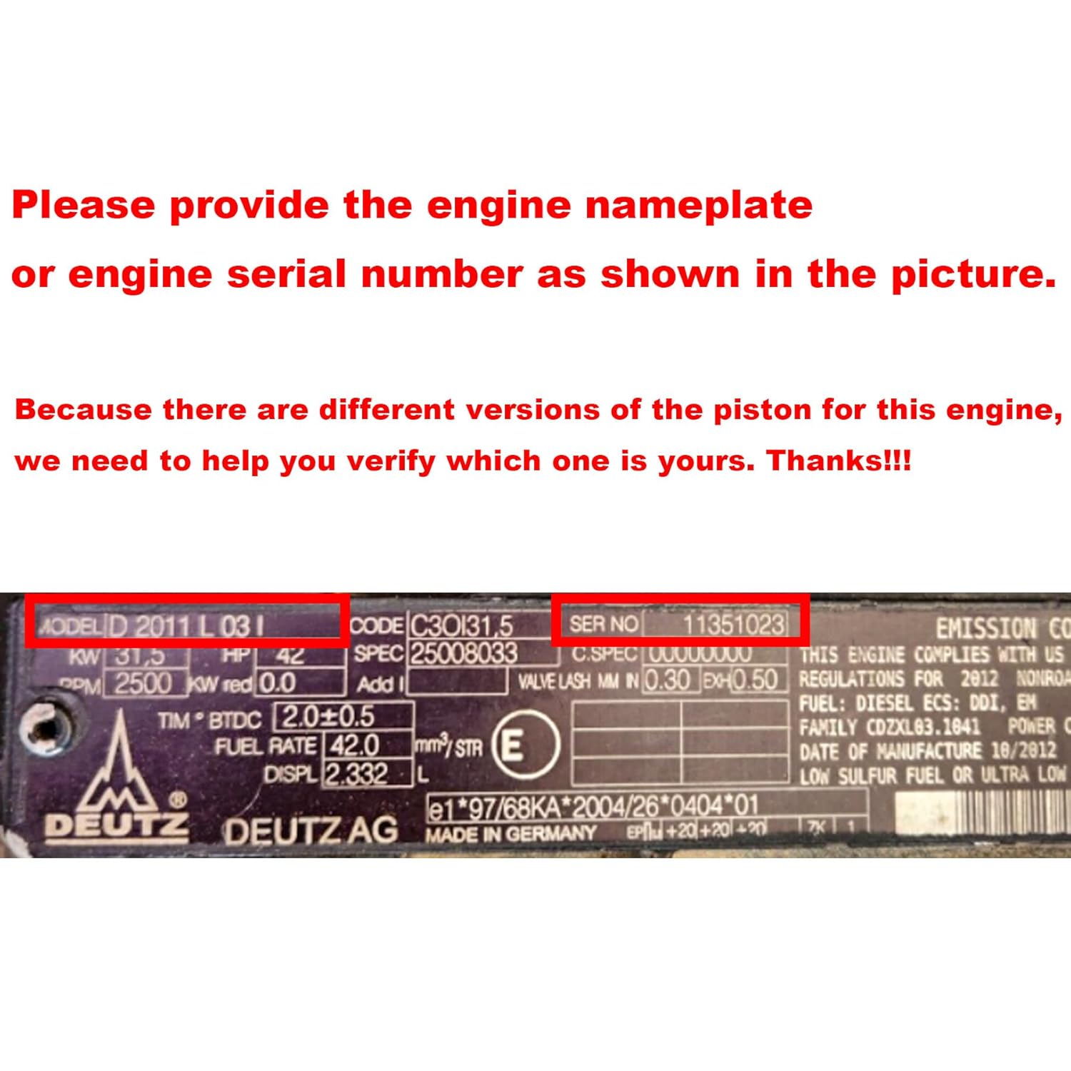Full Gasket Set fits for Deutz F4L2011 Engine (Provide The Engine Nameplate)