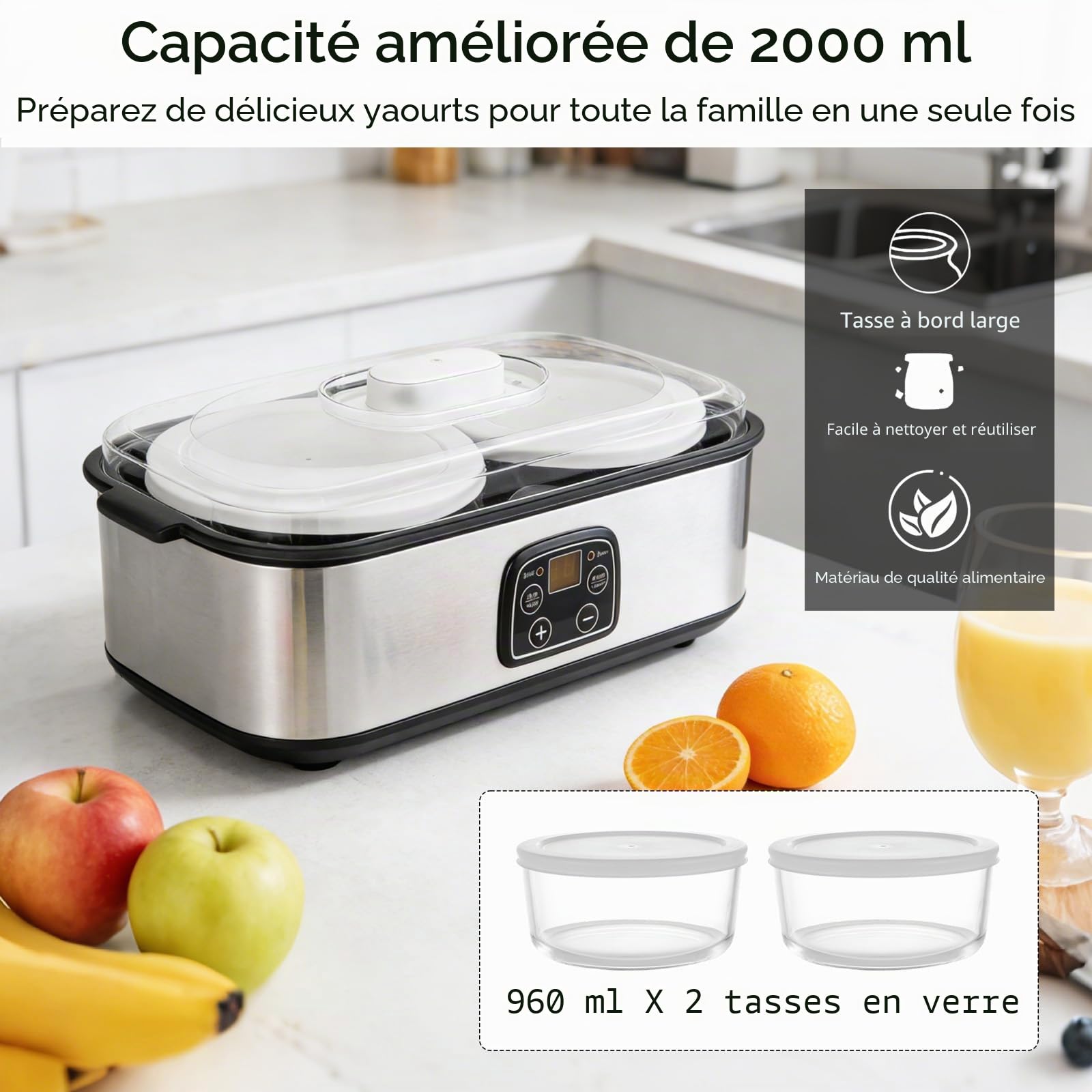 Yaourtière 2L, Machine à Yaourt avec 2 Pots de 1L, Yaourtière Numérique en Acier Inoxydable, Yaourtière Automatique pour Yaourt Maison DIY, Fromage ou Natto