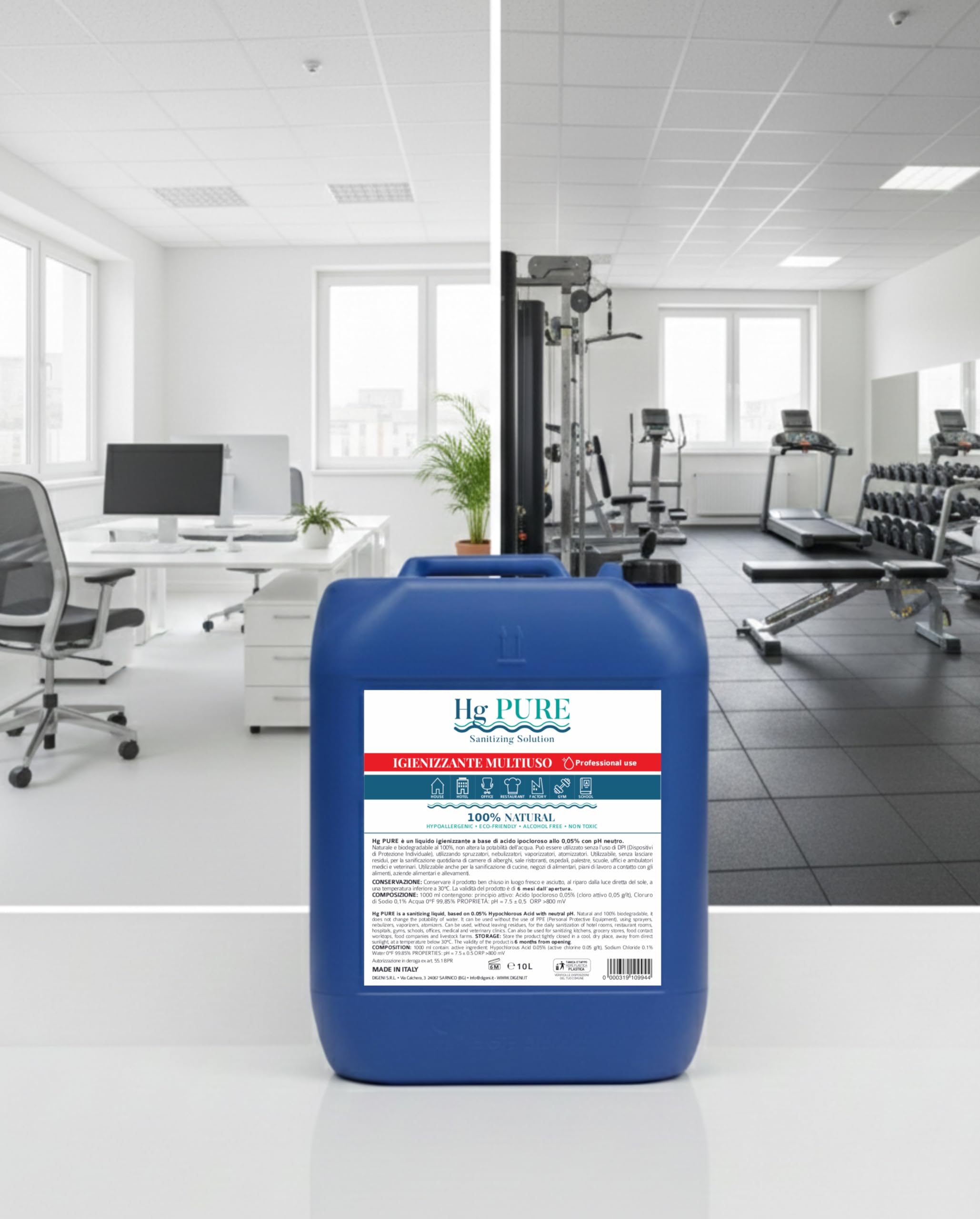 Hg Pure Disinfettante Igienizzante Liquido e Ricarica per Spray Multiuso per Mani, Ambiente e Animali 5 litri Antibatterico Sanificante liquido no Alcool Elimina Virus Naturale - Made in Italy