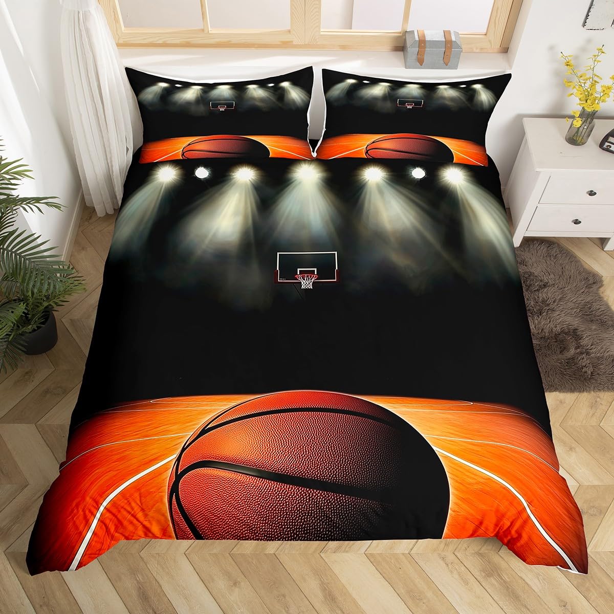 Castle Fairy Basketball Decorations Beddding,Ball Sports Games Themed Duvet Cover for All Season,Basketball Field Kids Bedroom Decor Comforter Cover(No Filler) Full Size,3PCS