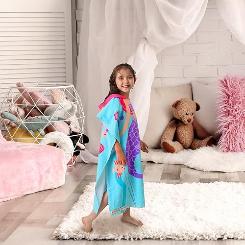 Miniatura 3 de Toallas de baño para niños y niñas de 5 a 12 años con capucha, 64 x 26 pulgadas, de gran tamaño, poncho de algodón absorbente súper suave para