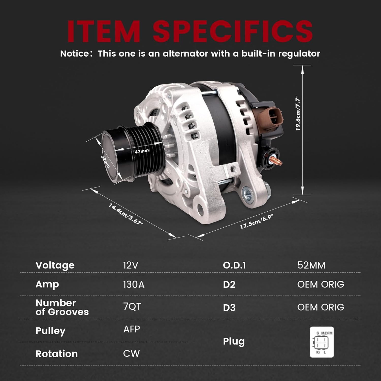 Alternator For/Toyota Avalon Highlander Venza For ES350 RX350 3.5L 27060-31110 11137 104210-2100,130Amp 12V CW 7-Groove Pulley
