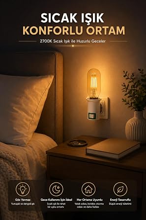 Edison Anahtarlı E27 Fişli Duy Gece Lambası, T45 LED Ampul Seti, 4W, 2700K, Beyaz [Enerji Sınıfı G]