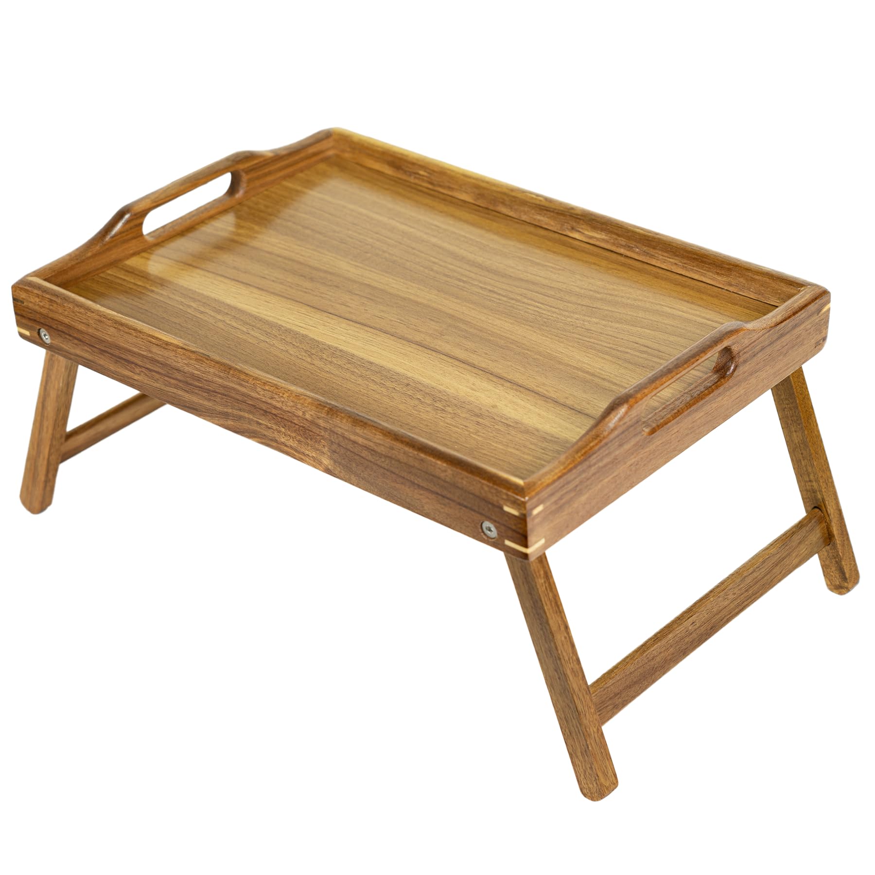 Utoplike Brown Acacia Wood Bed Table Tray With Folding Legs, Wooden Breakfast Trays And Laptop Tray With Handle, Use For Eating, Serving And Working In Bed, Sofa