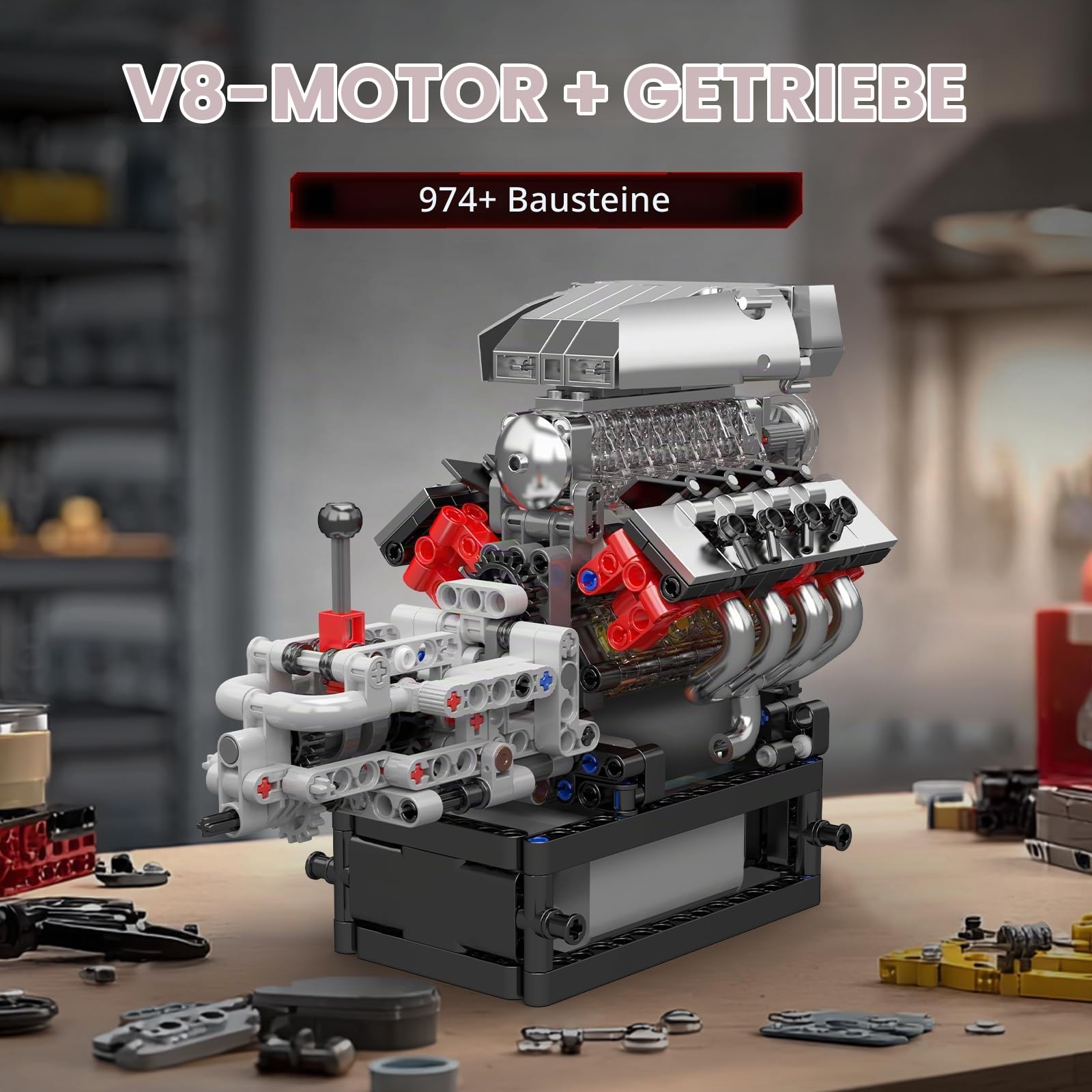 Mould King 10225 Technik V8 Motor und Getriebe Klemmbausteine Bausatz Kit, STEM 855+ Stücke Motormodellblöcke mit Motor, MOC Auto Engine Modell Spielzeug für Jugendliche/Erwachsene Sammlung Liebhaber