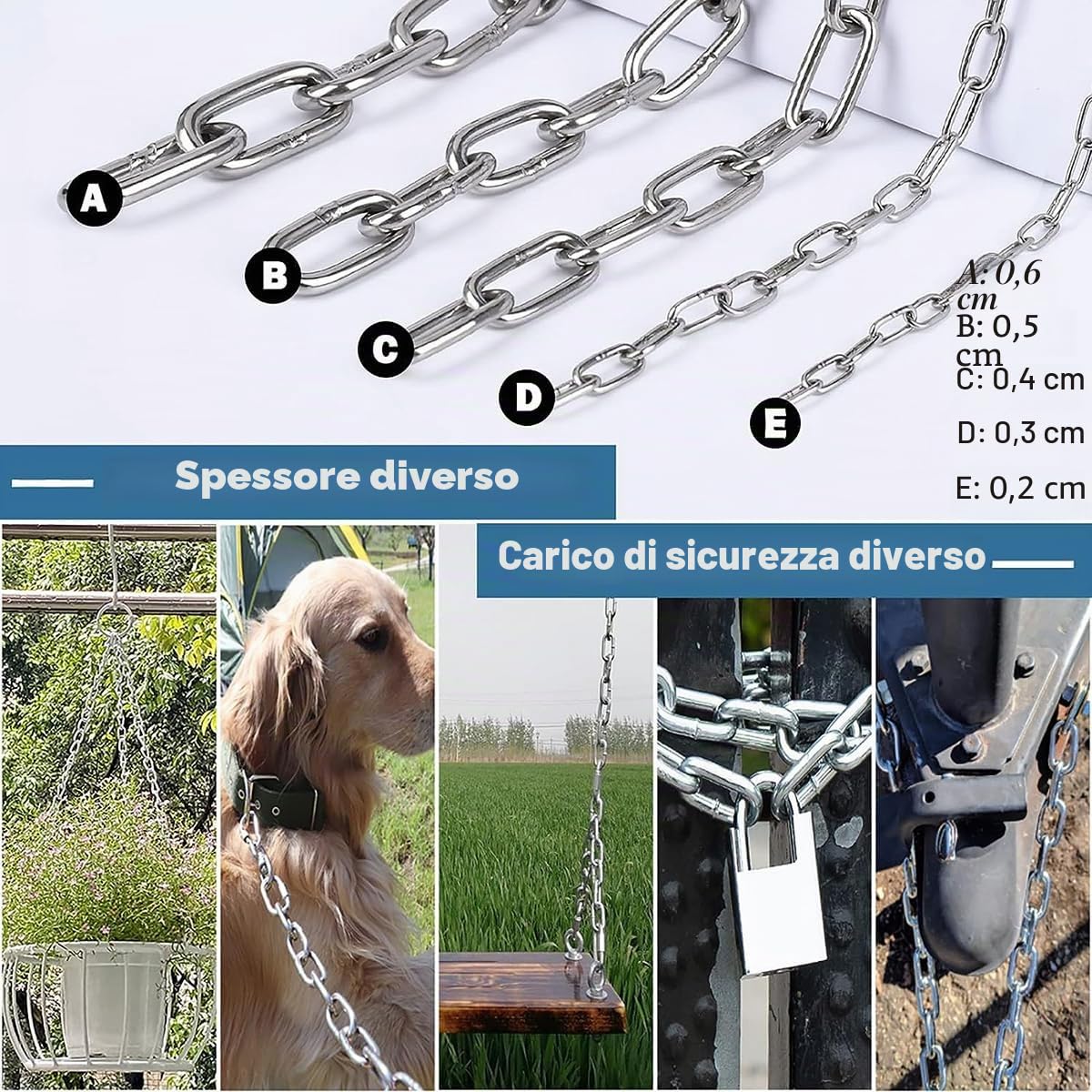 Catena in acciaio inossidabile, maglie saldate per recinzioni sospese ad alta resistenza, ideale per catena per cani, catena per altalena, catena per asciugare la biancheria, diametro 1,2 mm