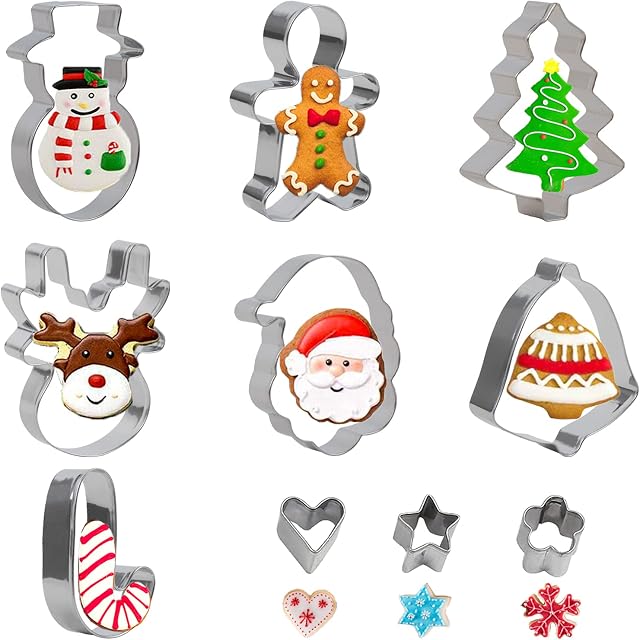 VEYLIN Christmas Cookie Cutters, 10 Piece Biscuit Cookie Cutter - Gingerbread Man,Snowman,Christmas Tree,Santa Reindeer,Stainless Xmas Cookie Cutter