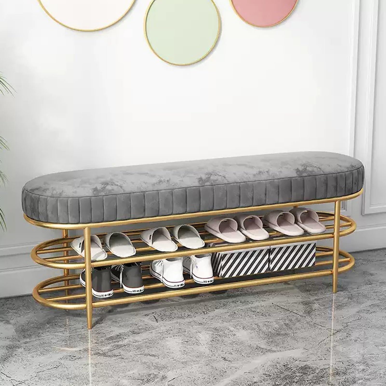 WJFTODAY Gray Velvet Upholstered 3 Tier Shoe Storage Bench for Entryway Stylish Hallway Seat with Rack 80 x 32 x 45 cm