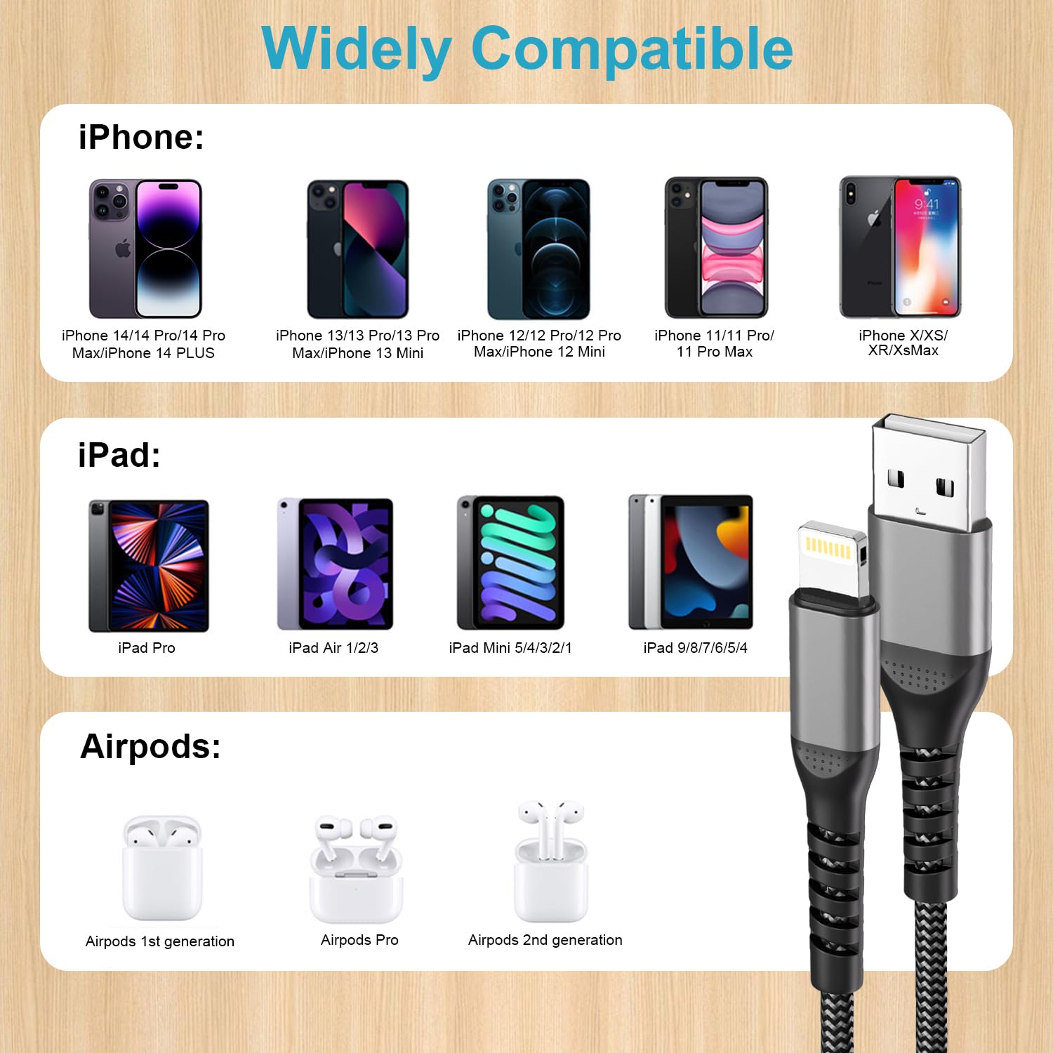 Câble Lightning [Certifié MFi] 3M Pour IPhone 14 Pro Max/13/12 Mini/11/XS/SE /8/7, IPad - Chargeur Rapide Nylon USB Avec Cordon Apple