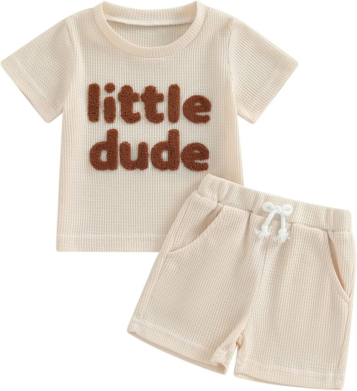 FOCUSNORM Toddler Baby Boy Summer Clothes Embroidered Waffle Short Sleeve T-Shirts Elastic Shorts Newborn Infant Boy Outfits