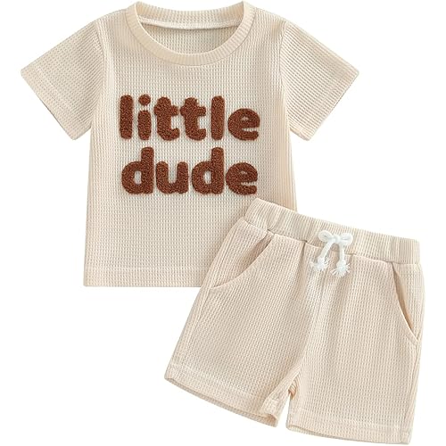 Embroidery Baby Boy Clothes Summer Short Sleeve Little Dude Print T-Shirt Tops Shorts Set Waffle Knit Outfit