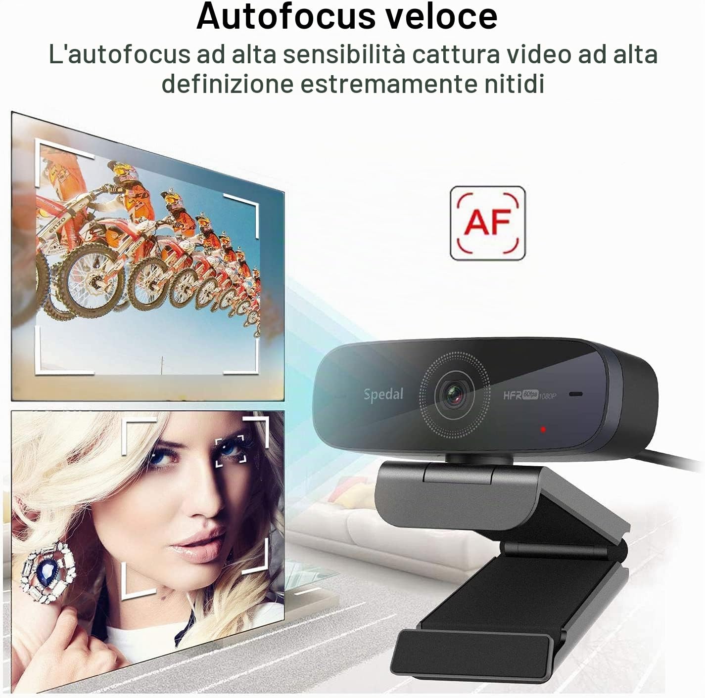 Spedal Webcam 1080p 60fps, 2 Microfoni, Autofocus Live Streaming Camera con Microfono, Webcam USB per OBS XSplit Facebook Skype Youtube, Compatibile per Mac OS Windows 10/8/7