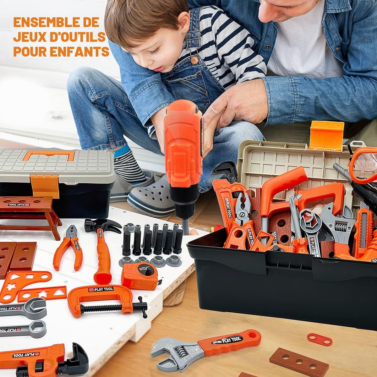 45 Pièces Outils de Travail Jouet Enfants Constructions Boîte à Outils avec Perceuse Jeu D'imitation Jeu Éducatif Anniversaire Noël Cadeau pour Enfants 3 4 5 6 7 8 Ans