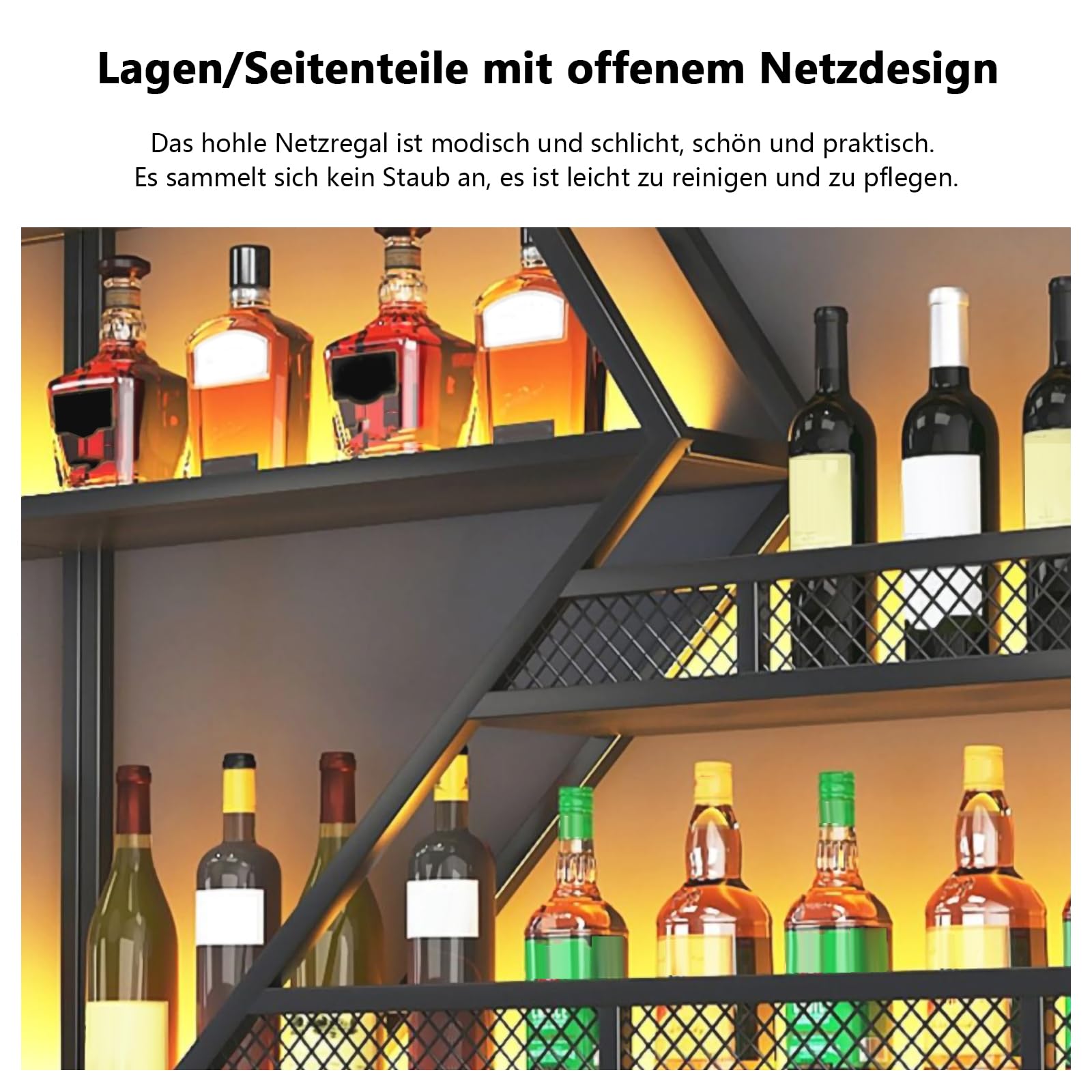 Metall Weinregal zur Wandmontage mit LED-Beleuchtung und modularen Weinflaschenhaltern, inklusive Gläserhalter, multifunktionaler Präsentationsregal für Zuhause/Bar/Küche (schwarz, 2 Meter)