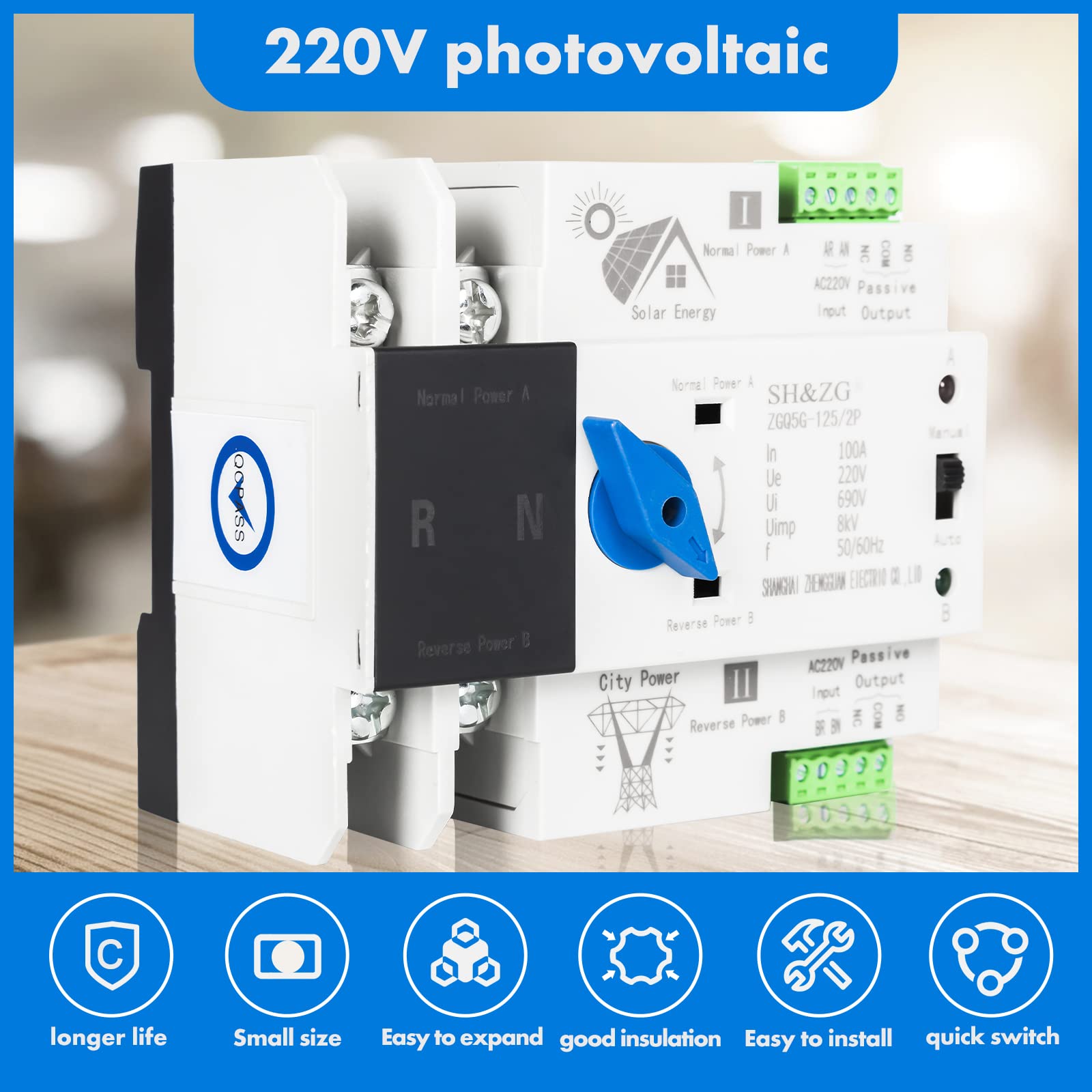 ATS Fotovoltaico Interruttore di Trasferimento Automatico 2P 220V Doppia Alimentazione Commutatore di Rete Automatico Fotovoltaico Commutatore Elettronico per Impianti Domestici e Industriali