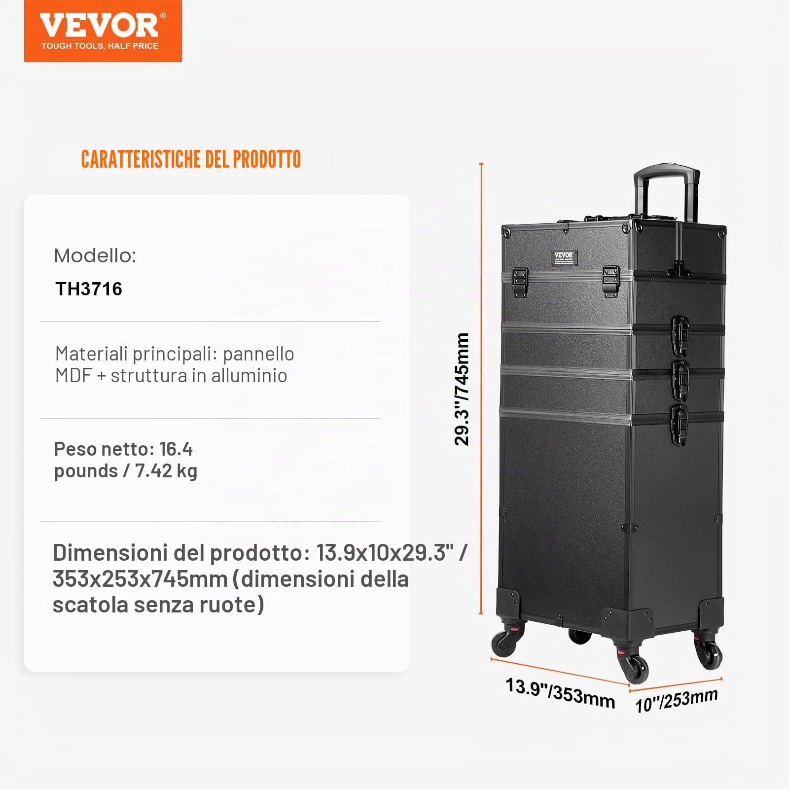 VEVOR Valigetta per Trucco con Ruote 5 in 1, Valigia Portatile da Viaggio con Manico a Ruote per Estetista Parrucchiere, Scatola a Ruote per Trucco Professionale Telaio in Alluminio Impermeabile Nero