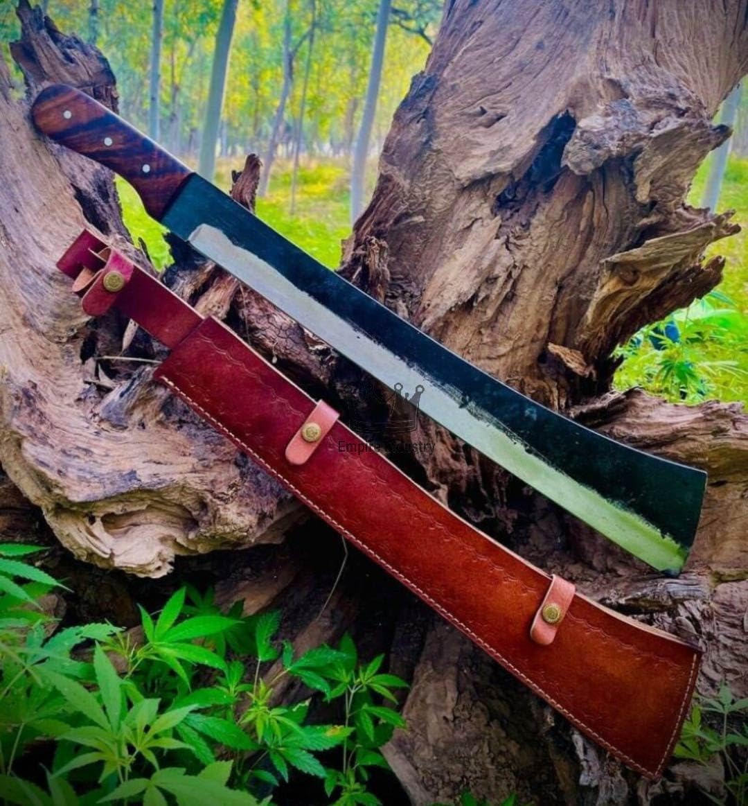 Handmade Spring Steel Sharp Edge Hunting Full Tang Machete with Leather Sheath - Rose Wood Handle - Perfect Grip - Forest Machete by Empire Industry