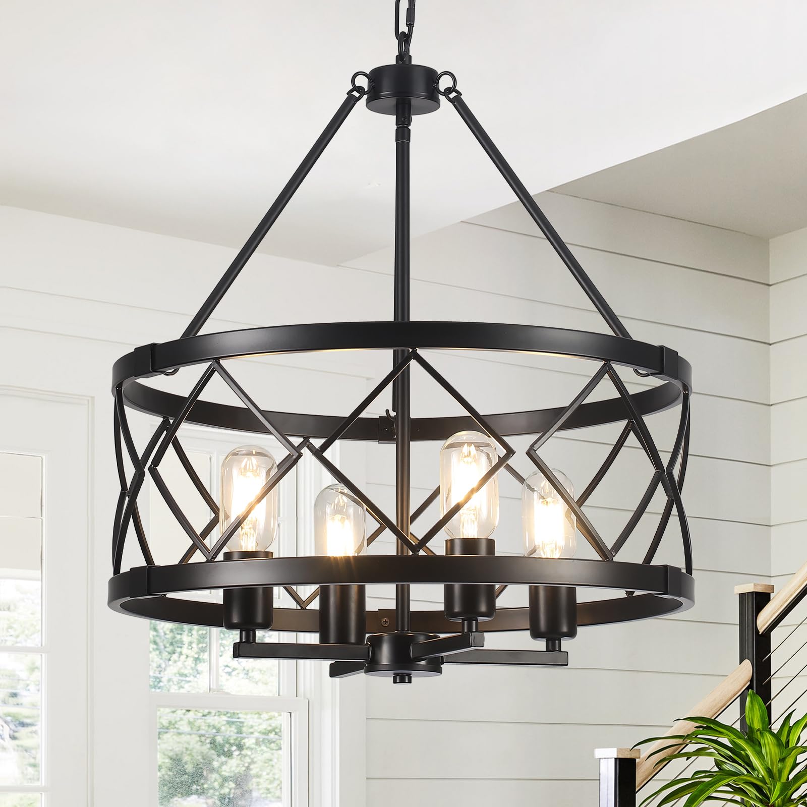 Lampadario Nero a 4 Luci, Lampadari in Stile Rustico Lampade da Soffitto per Soggiorno Lampadario Tamburo Lampada Sospensione per Sala da Pranzo, Corridoio, Ingresso, Camera da Letto