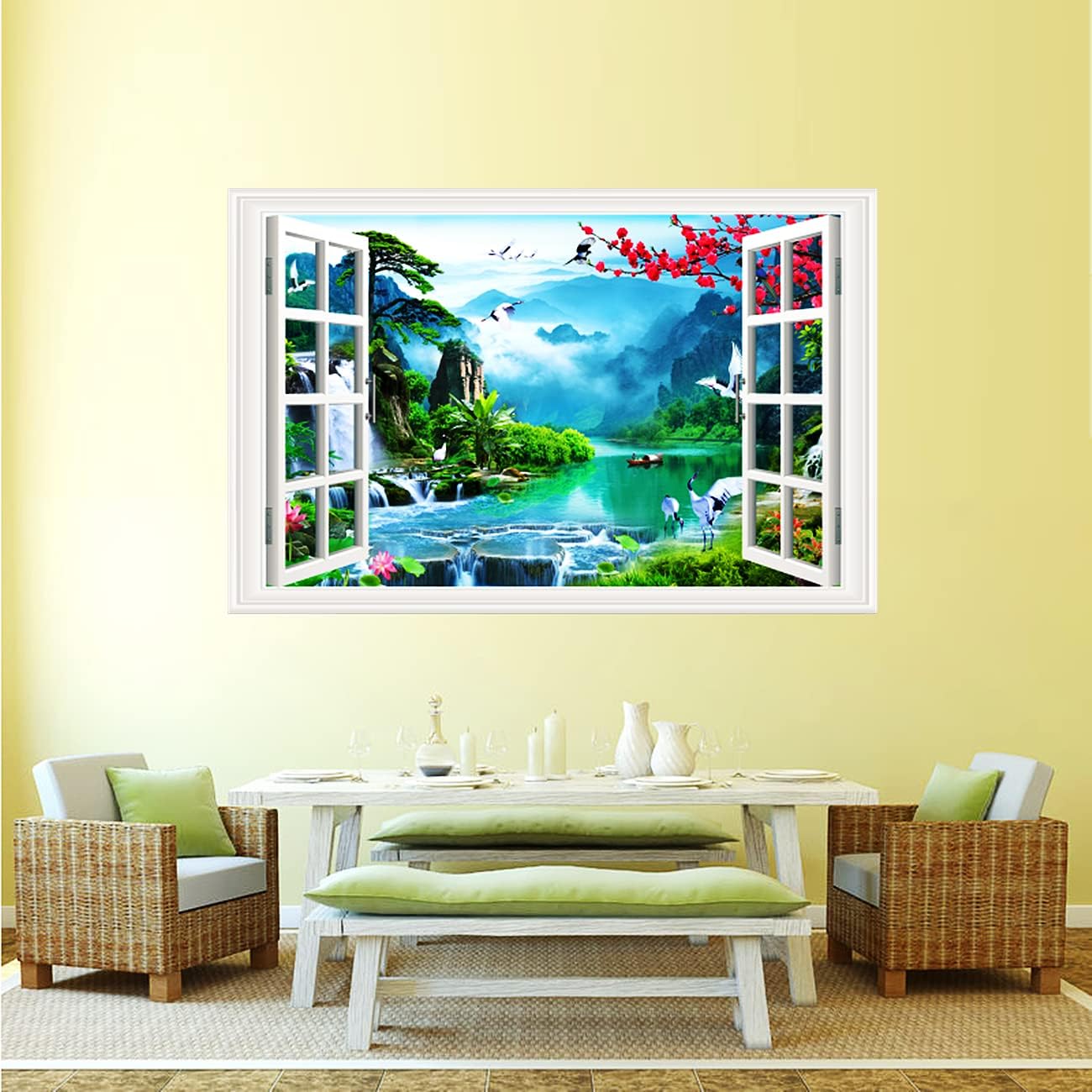 3D Self-Adhesive Painting Fake Window Wall Stickers Tropical Island with Palm Trees Wall Mural Window View Wall Decor for Home (17.3"×27.6", Landscape)
