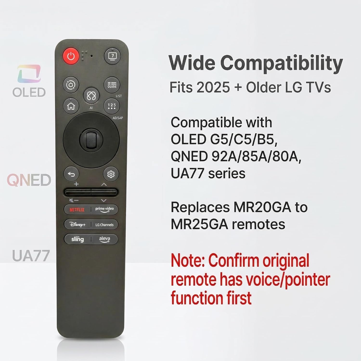MR25GA AKB76046602 Magic Voice Remote Control，Voice & Pointer Remote Replacement for LG TV OLED G5, C5, B5 Series, QNED92A, QNED85A, QNED80A, QNED70A Series, UA77 Series, and 2025 QNED AI Smart TV