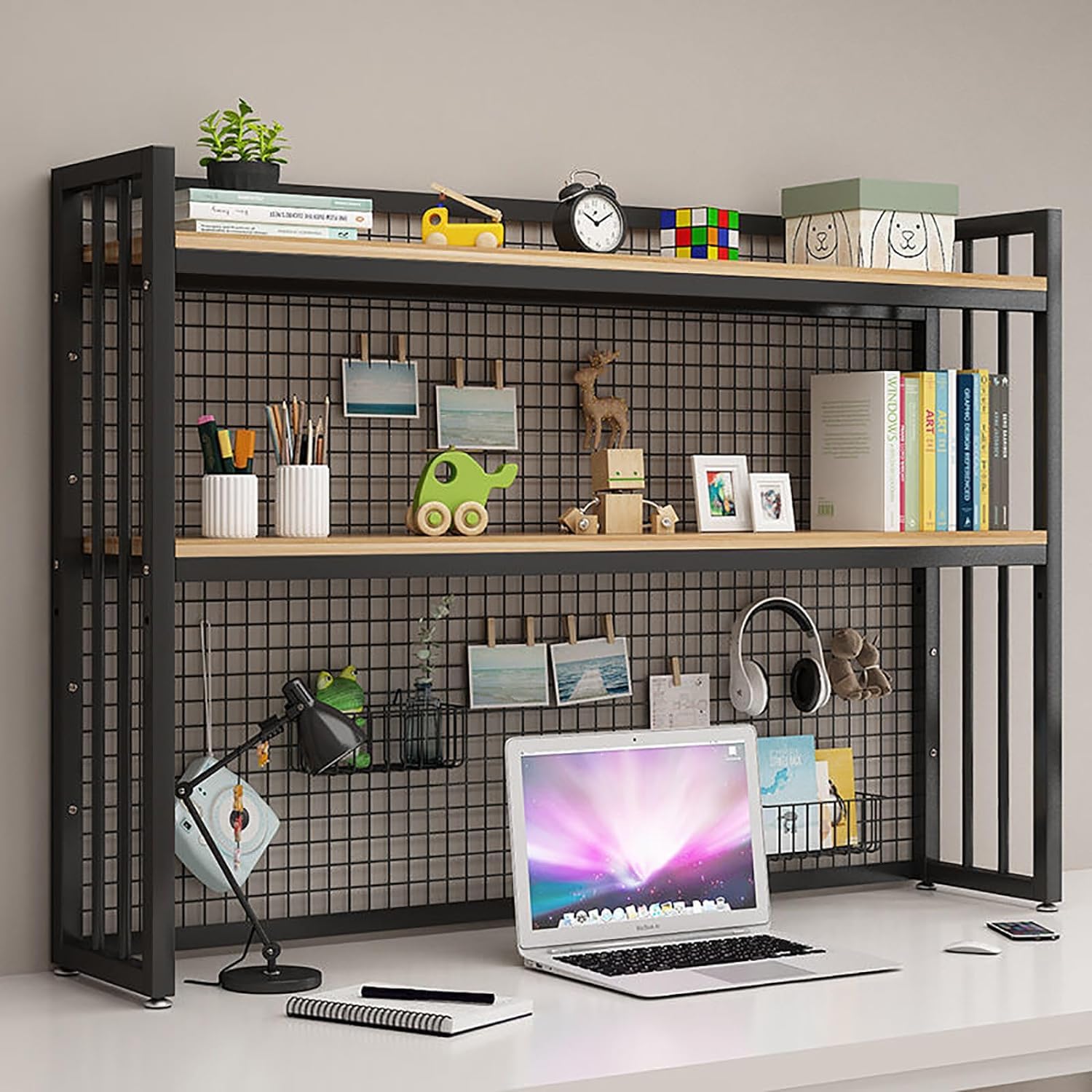 MESCXTY Desk Hutch Dorm Desktop Bookshelf,Desktop Bookcase for Computer Desk,Adjustable Shelf Top of Desk,Desktop Organizer Home Office Supplies Display (95cm/37.4", Black A)