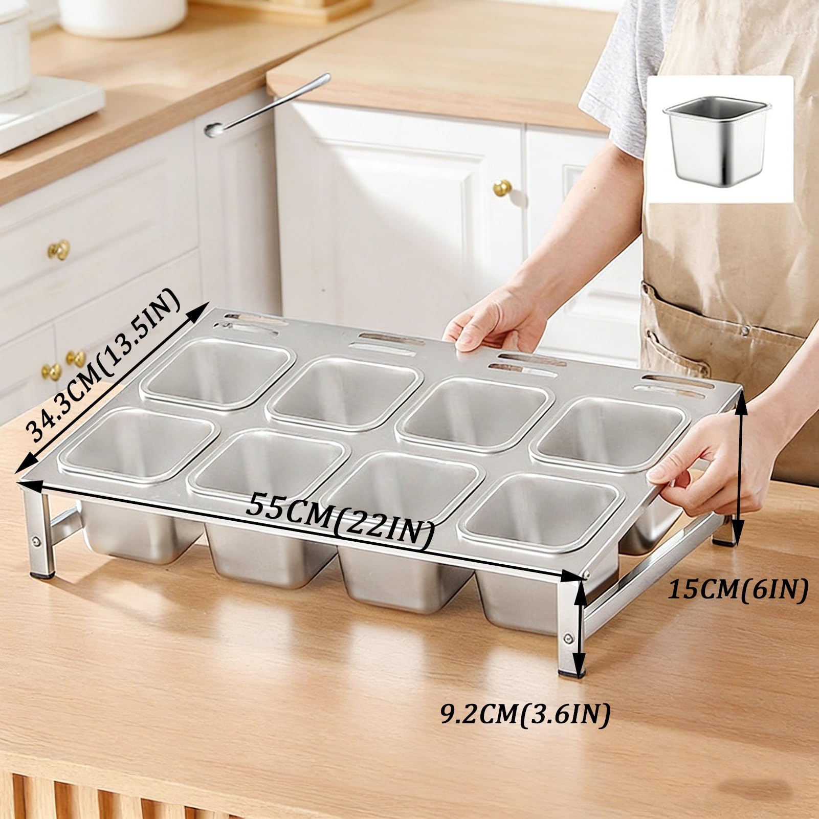 Stazione per pizza a 2 livelli in acciaio inox con coperchi e cucchiai, organizer per spezie da banco, vassoio per condimenti per cucina