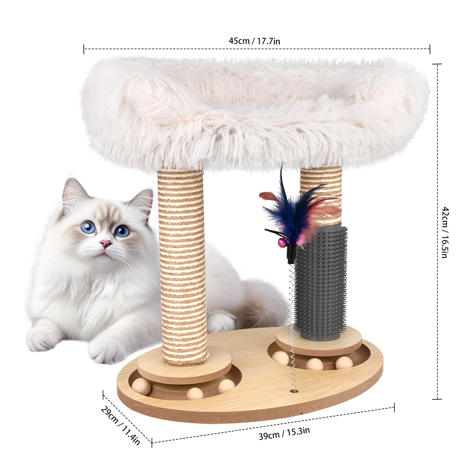 Holzkugel-Katzenkarussell, Banaone 4 in 1 Interaktives Katzenspielzeug, Katzenspielzeug Selbstbeschäftigung mit Frühling Cat Scratching Post für Katzen in Innenräumen