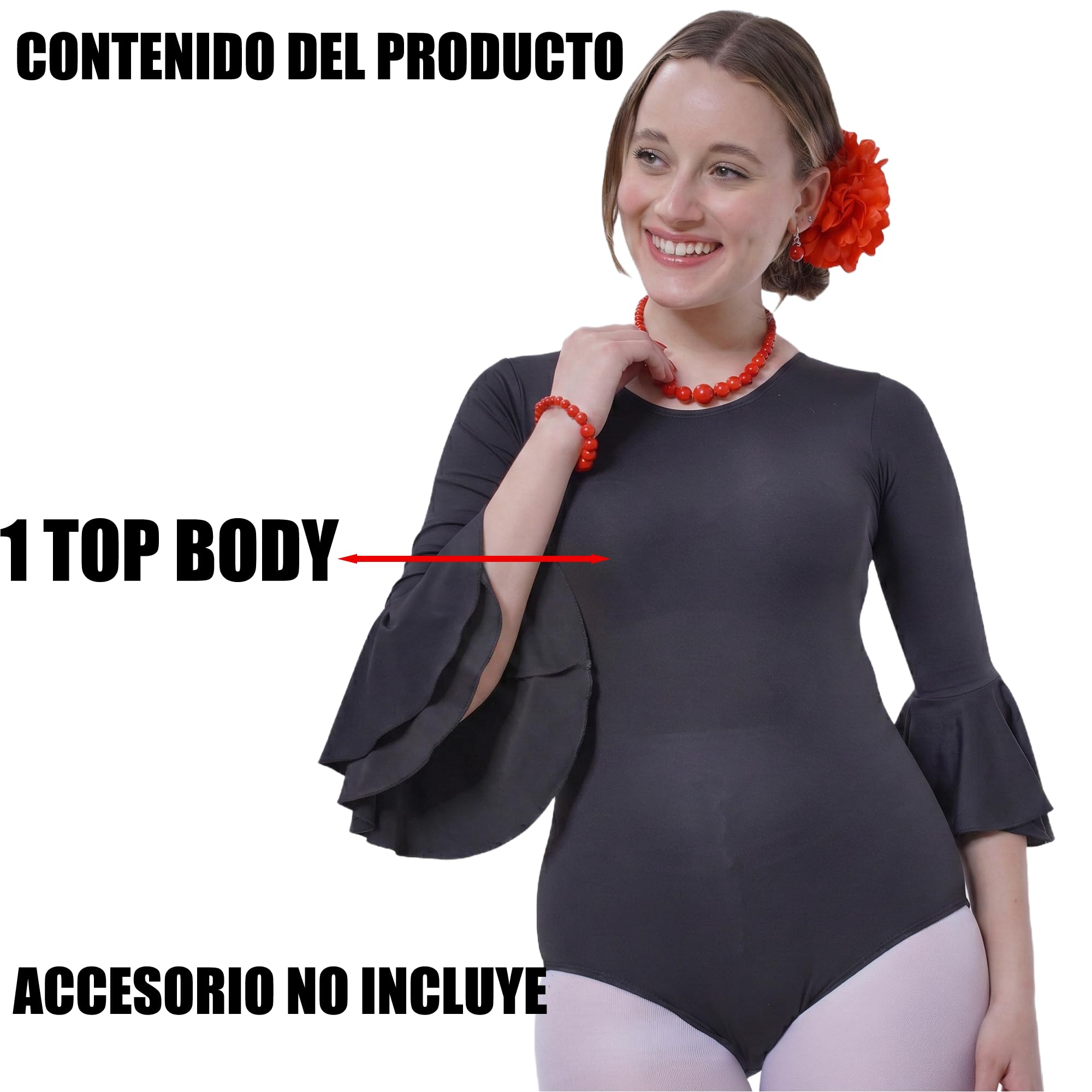 Carnavalife Body flamenco mujer negro maillot danza manga larga con volante, leotardo gimnasia ballet sevillanas, escote redondo, ribete rojo — view 2