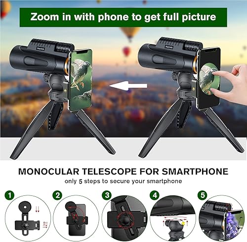 Miniatura 5 de Hapylasty Telescopio monocular HD de 12 x 50 pulgadas con adaptador de teléfono inteligente, trípode mejorado, monocular de alta potencia con visión
