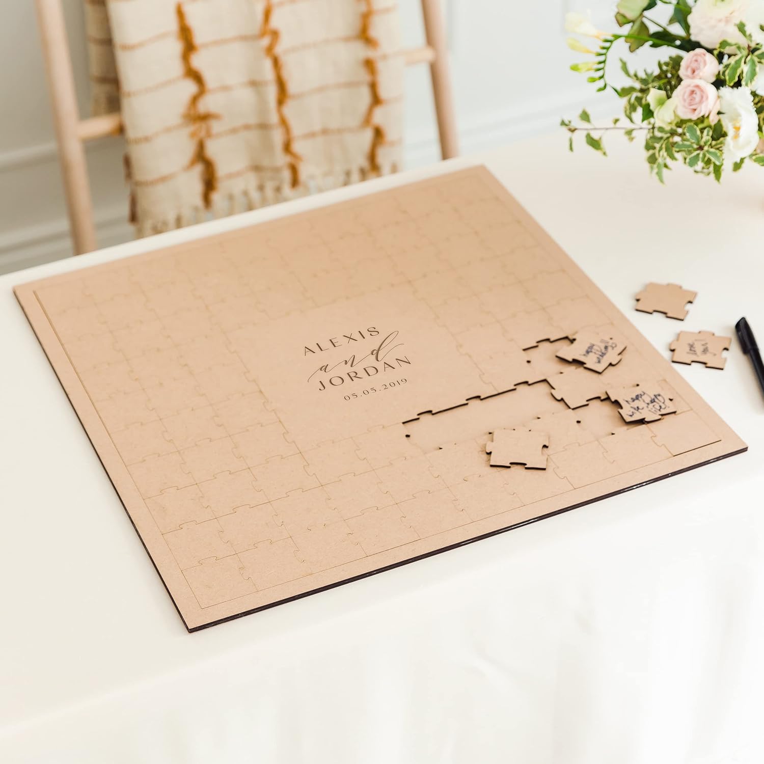 WEDDINGSTAR Customizable Wooden Square Puzzle Wedding Guest Book - Modern Couple