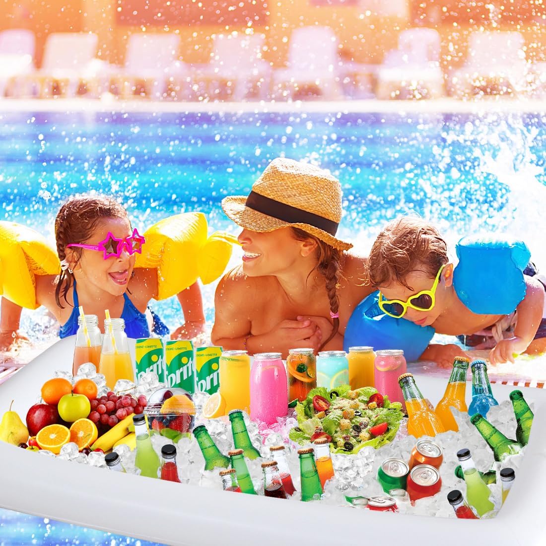 Inflatable Serving Bar & Mesh Food Covers Set, Party Supplies for Picnics Pool Bar Outside Include 1Pcs 53"*25" Inflatable Serving Bar Buffet Cooler, 1Pcs 40"*24" Food Tents