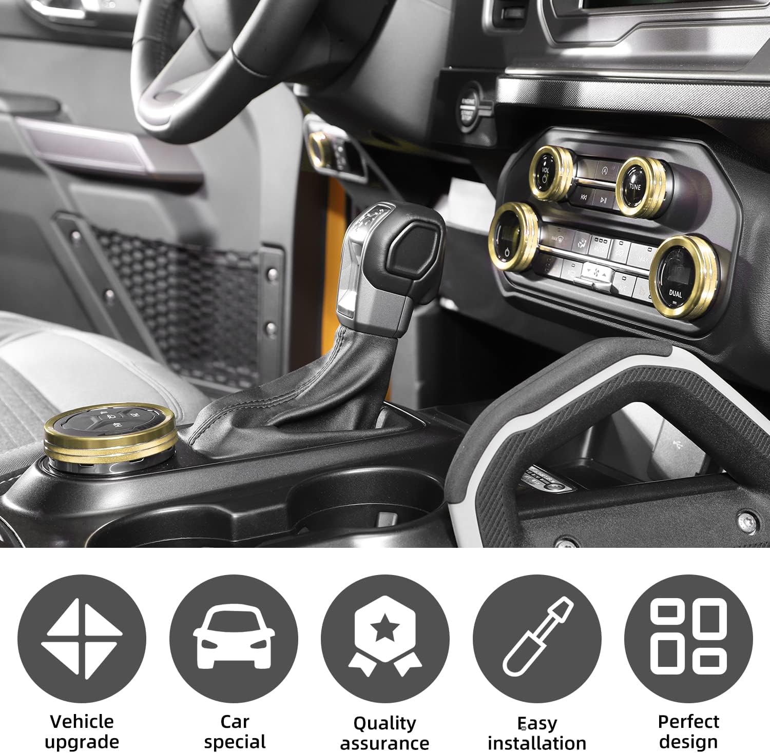 for Ford Bronco Air Conditioner Headlight 4WD Switch Knob Cover,Aluminum Alloy 4 Wheel Driver Trailer Gear Switch Knob Cover Kit 6Pcs for 2021-2022 Ford Bronco Accessories (Gold)