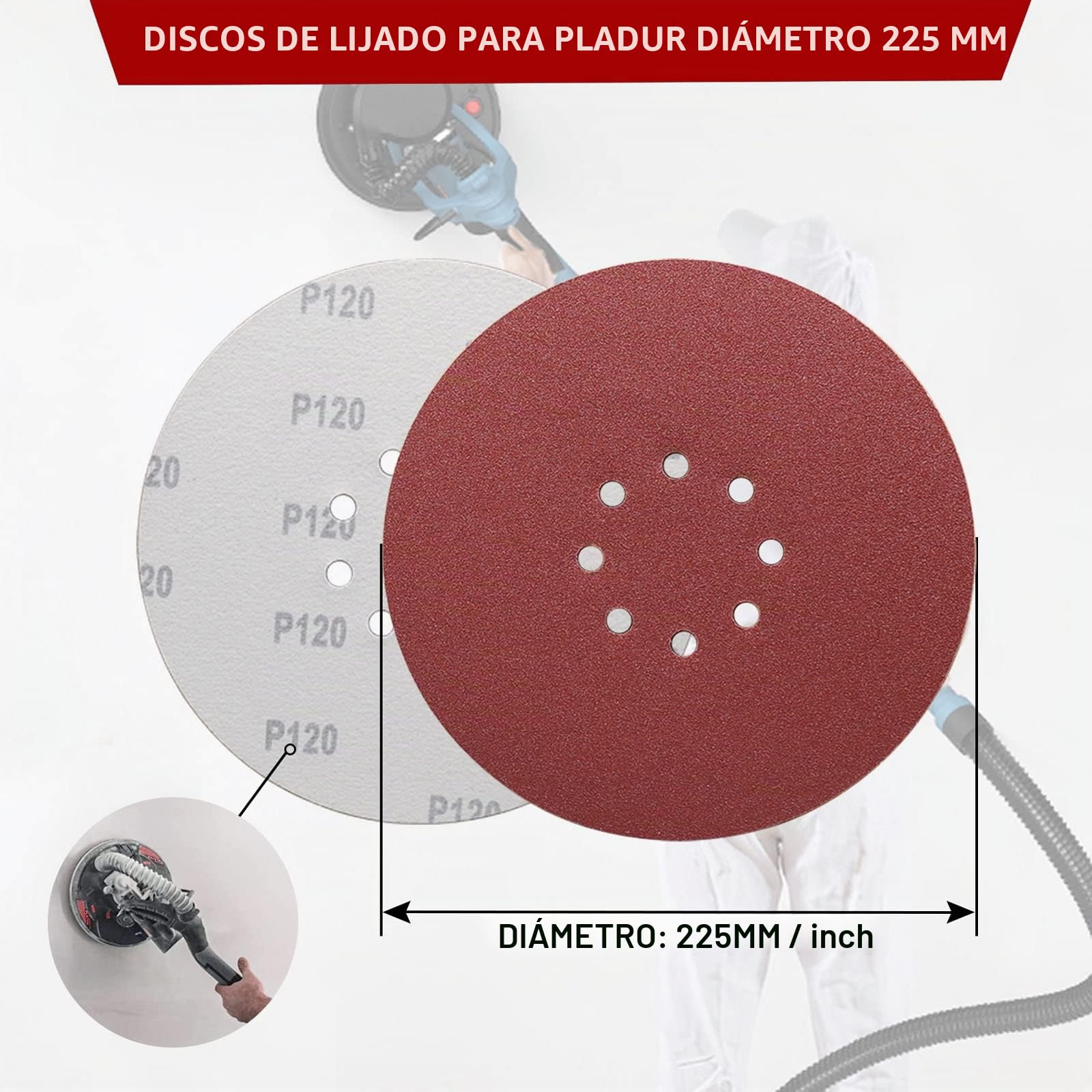 STEBRUAM Discos de lijado de 225 mm, Discos de Lija 225 mm Papel abrasivo autoadhesivos Papel de Lija de 50 Piezas 10 x 40/60/80/120/240 Papeles de Lija Abrasivos con para lijadoras de cuello largo