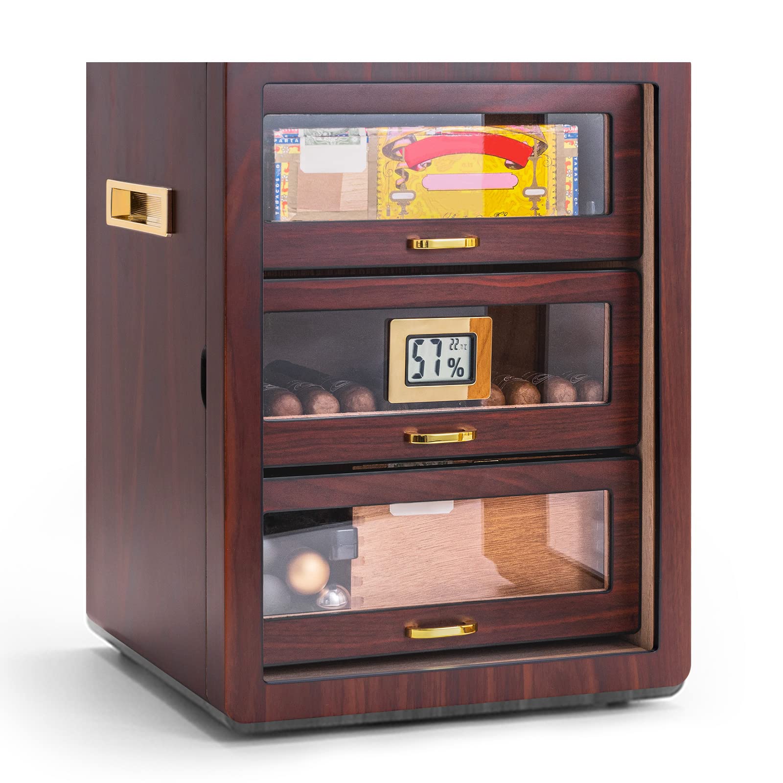 CIGARLOONG Cigar Humidor Cedar Wood 3 Drawers with Digital Hygrometer and Humidifier Hidden Handle Moisturizing Box,Holds 100 Cigars large Indoor Humidor(Brown2)