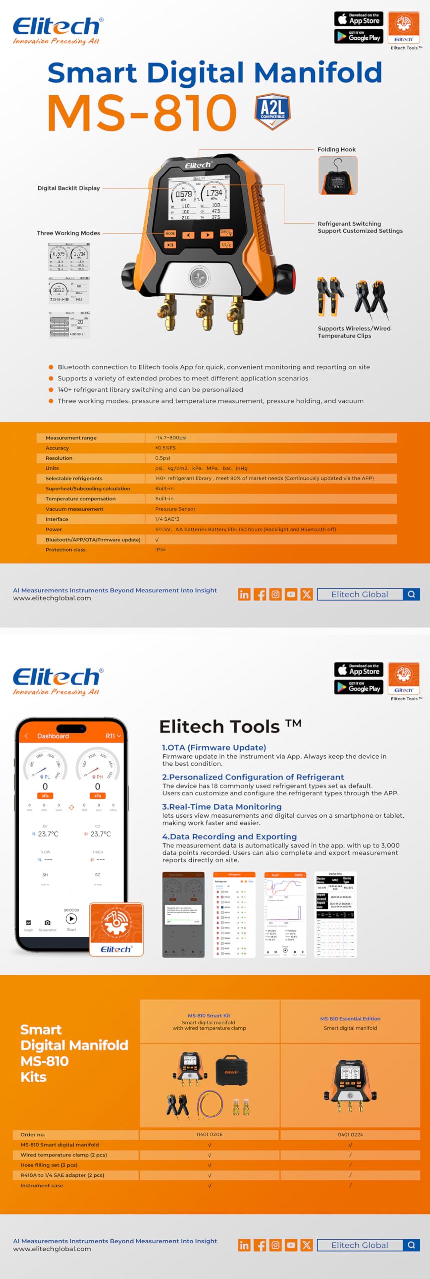 Elitech MS-810S - Manómetro digital inteligente de 2 vías, grupo manométrico Bluetooth para aire acondicionado, 140+ refrigerantes, kit de medición de temperatura/presión/vacío con tubos y pinzas en