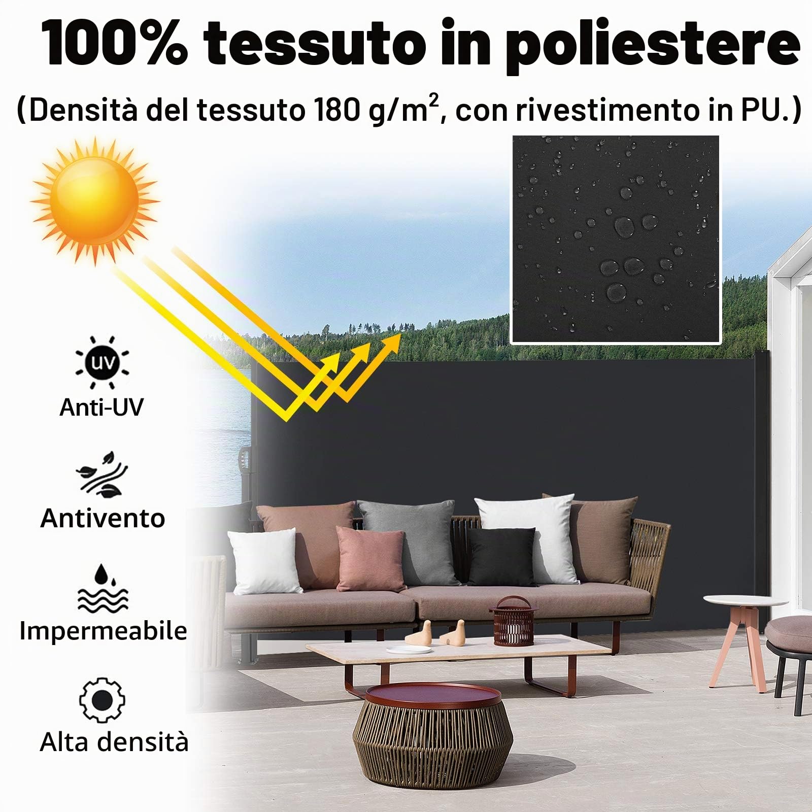 Froadp Tende da Veranda da Giardino, 160x300cm Tenda da Sole Laterale Estensibile, Paravanti Resistente in Poliestere, Frangivento Protezione per Balcone Terrazza Privacy(Antracite)
