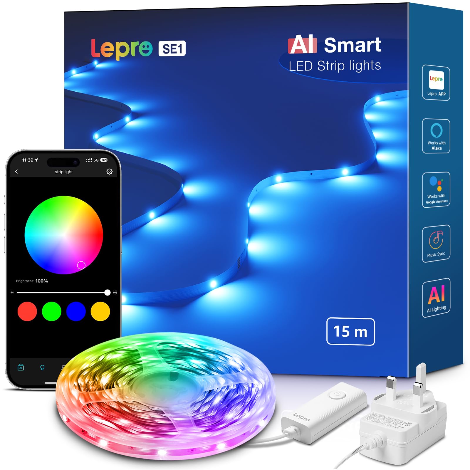 SE1 AI Smart LED Strip Light 15M RGB, Works with Alexa & Google Assistant, Music Sync, Colour Changing RGB Lights, Personalized AI Lighting Designer, Bluetooth & 2.4GHz WiFi, App Voice Control