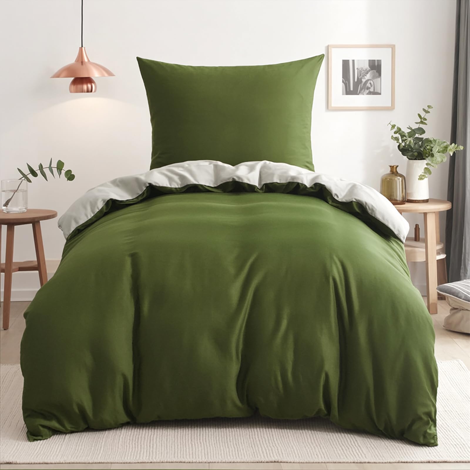RUIKASI Bettwäsche 140x200 Baumwolle Grün - Olivegrün Bettwäsche-Sets 140x200cm 2teilig Wendebettwäsche 2tlg mit Reißverschluss, zweifarbige Bettbezug Set Grün und Beige Cotton